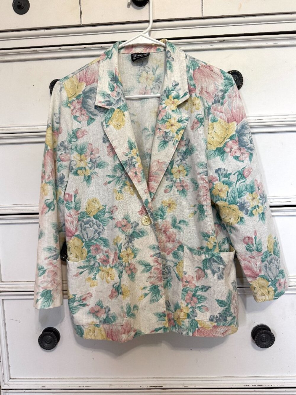 Vintage 80s BonWorth Linen Blend Floral Pastel Blazer Sz M